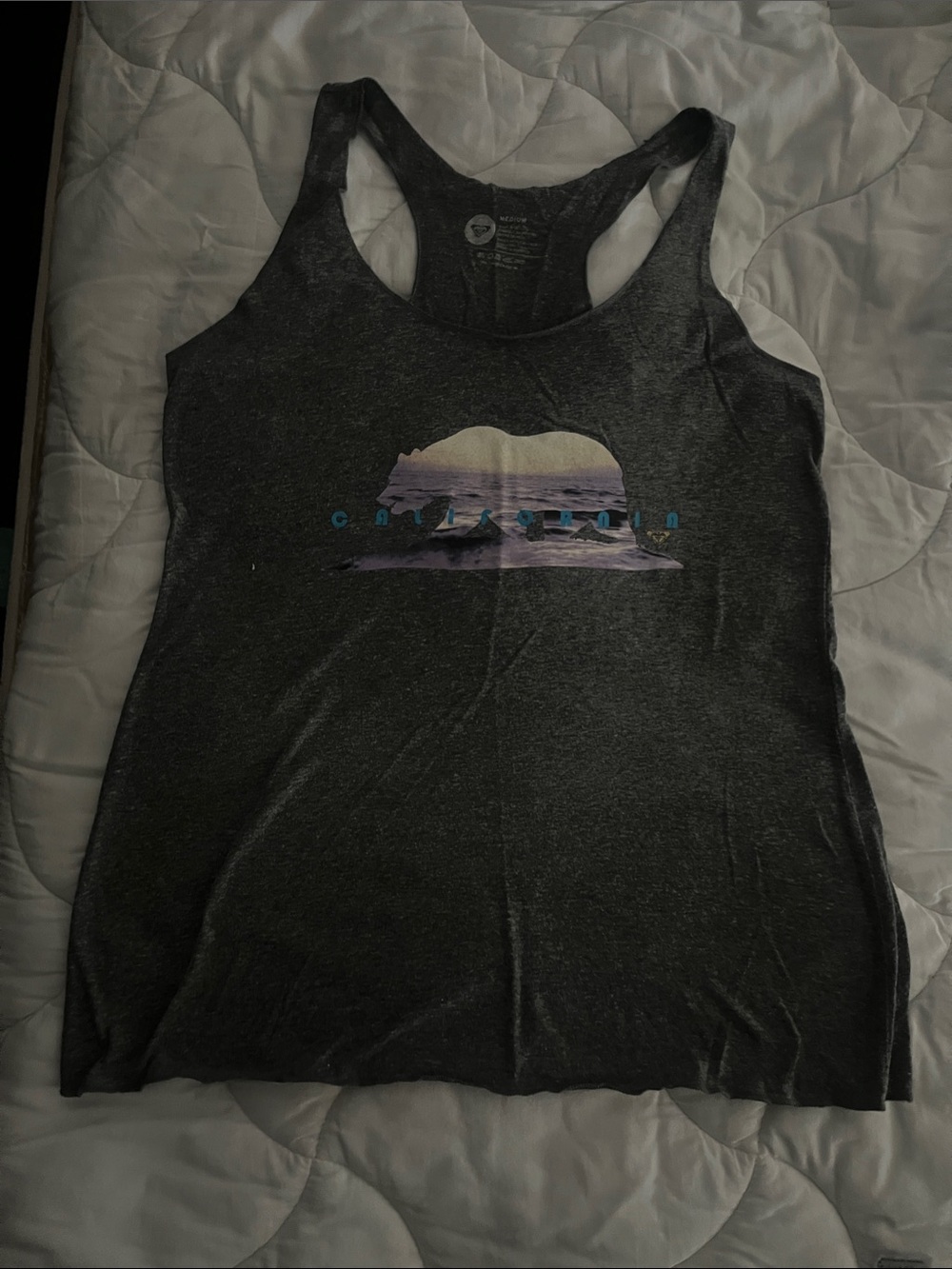 Roxy Light Gray Graphic Racerback Tank with Bear state of Calif